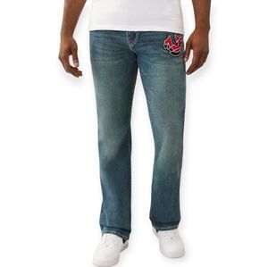 True Religion Men's Billy Relaxed Bootcut Jeans with Red Patch